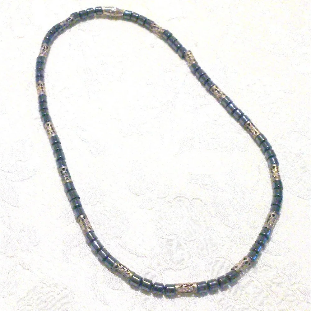 Vintage Hematite and Silver Bead Necklace
